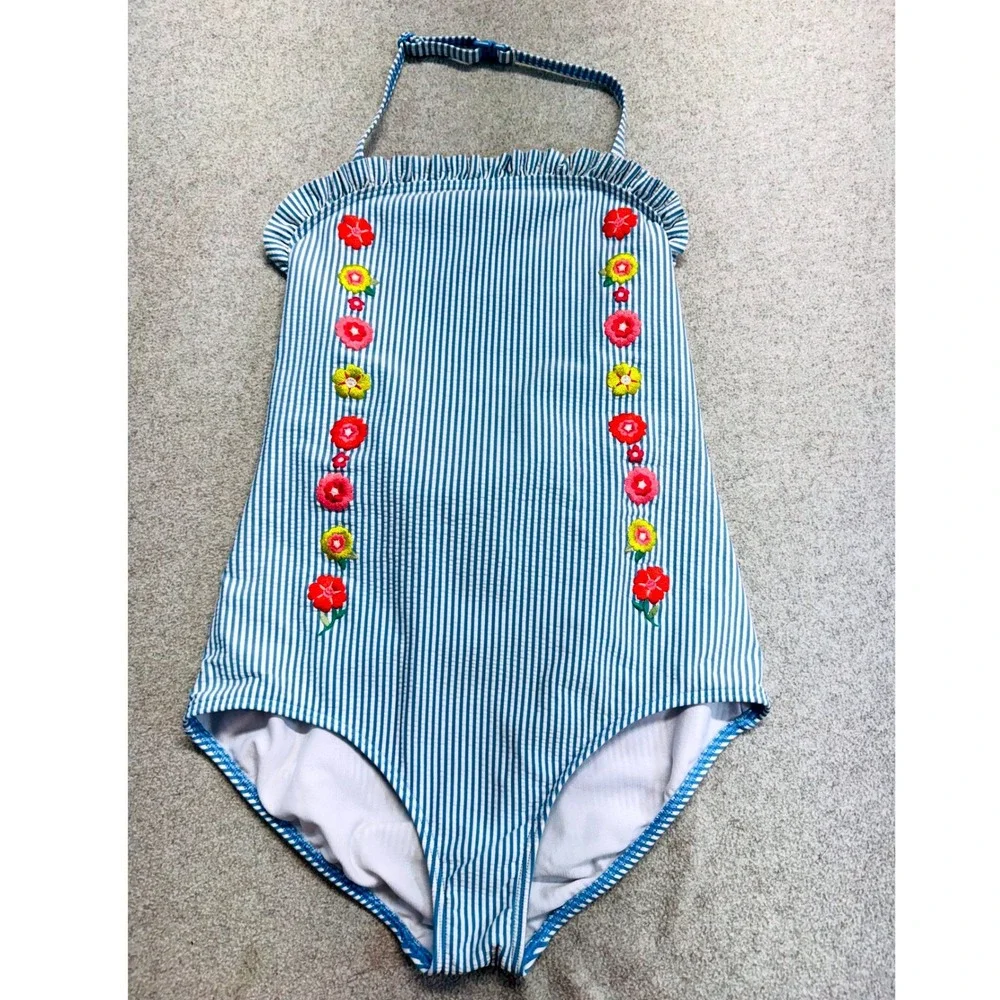 Boden Girl 11-12Y Blue White Stripe One Piece Swimsuit Embroidered Floral Halter